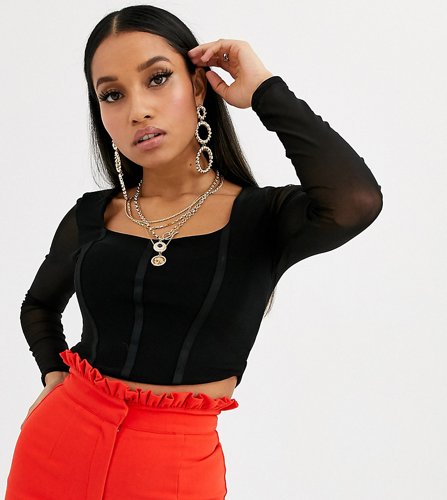PrettyLittleThing Petite mesh sleeve crop top with corset waist in black