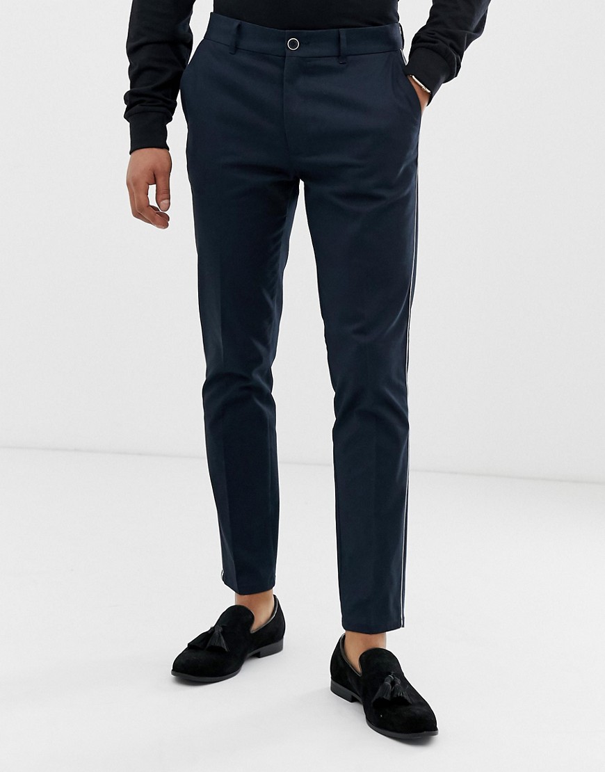 Burton Menswear chinos in navy with side piping