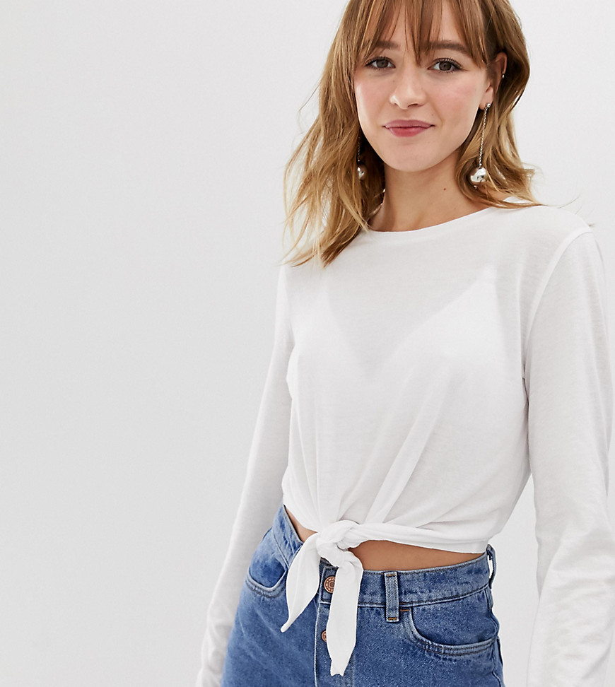 Monki long sleeve tie front top in white