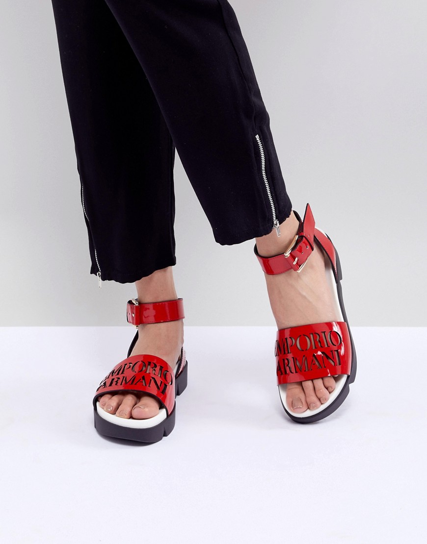 Emporio Armani Logo Leather Sandal With Wrap Angle Buckle - Red/white