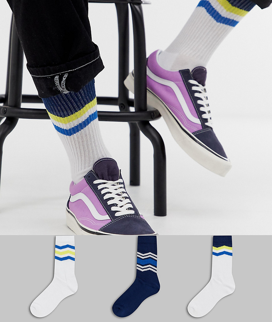 ASOS DESIGN 3 pack sports socks with yellow and blue chevron design save