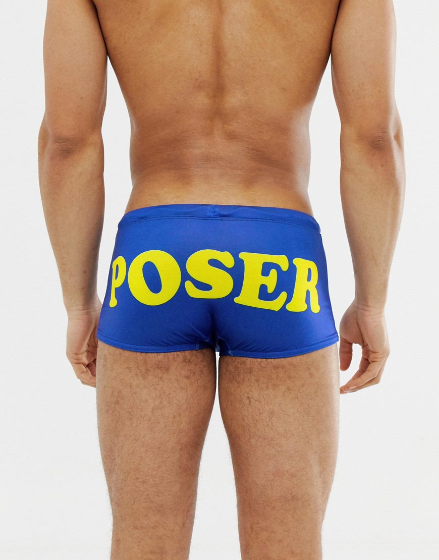ASOS DESIGN swim trunks with poser back print