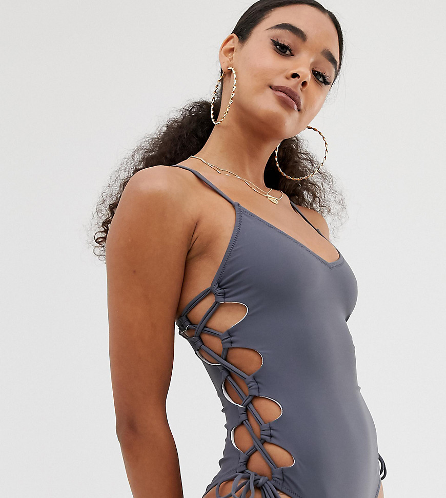 Missguided high leg lace up swimsuit in grey