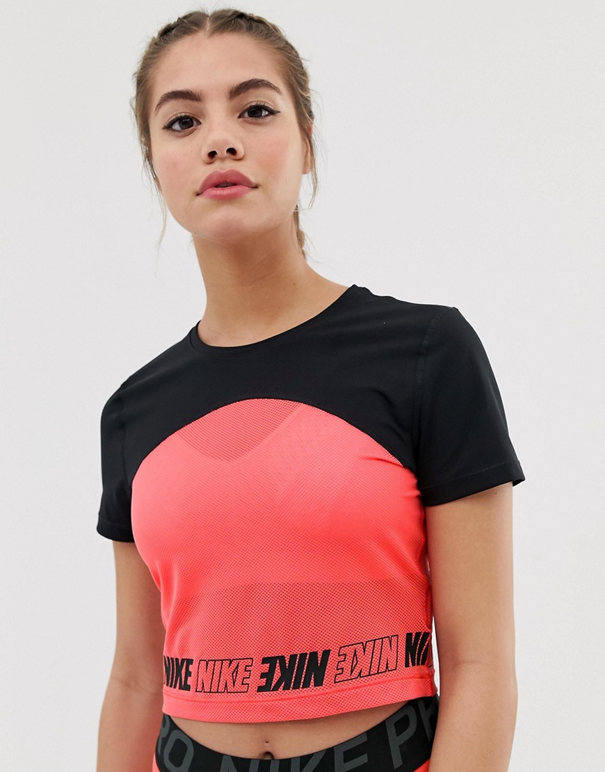 Nike Training Mesh Insert Crop T-shirt In Black And Pink