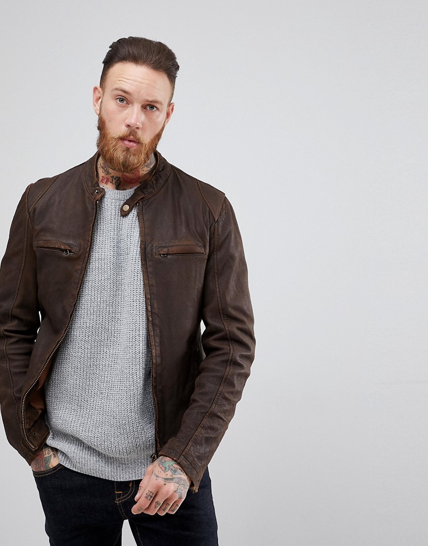 Goosecraft Washingon Leather Jacket with Button Collar in Brown - Choc brown