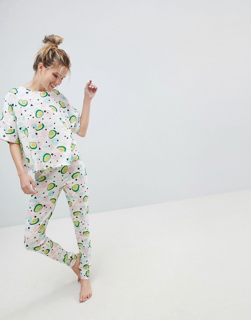 ASOS DESIGN Abstract Graphic Avocado Legging And Tee Pyjama Set