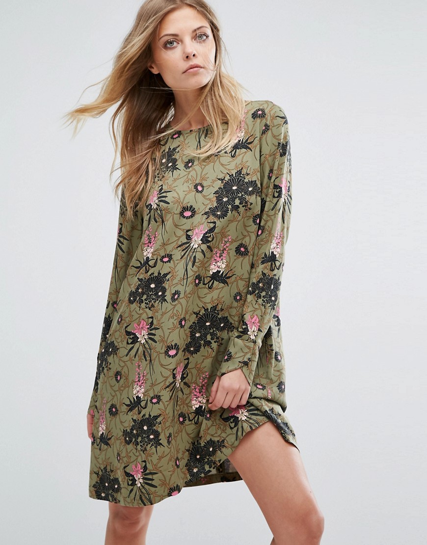 Y.A.S Blooming Floral Print Long Sleeve Dress - Deep lichen green