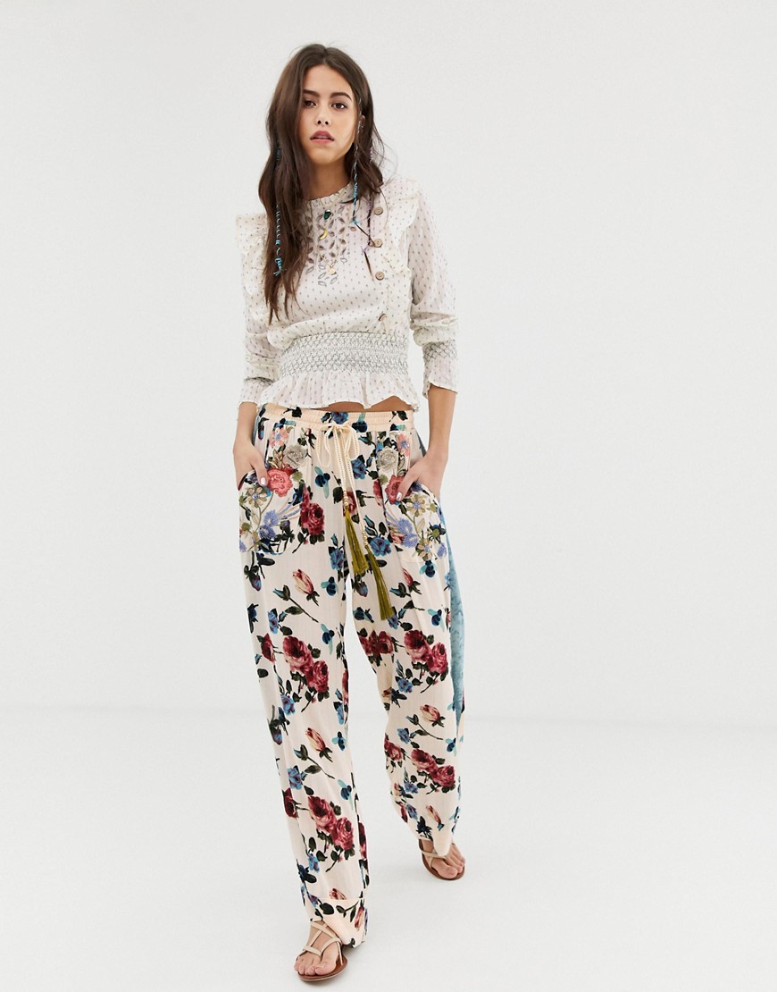 Aratta relaxed floral trousers with velvet side strips