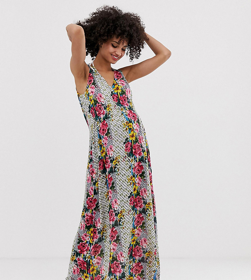 ASOS DESIGN Maternity maxi beach dress with ruched waist detail in floral tile print