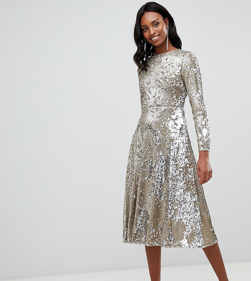 TFNC Tall long sleeve fit and flare sequin midi dress in gold - Matt gold/silver
