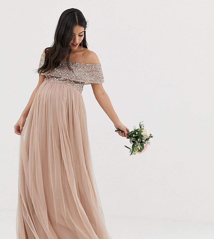 Maya Maternity Bridesmaid bardot maxi tulle dress with tonal delicate sequins in taupe blush