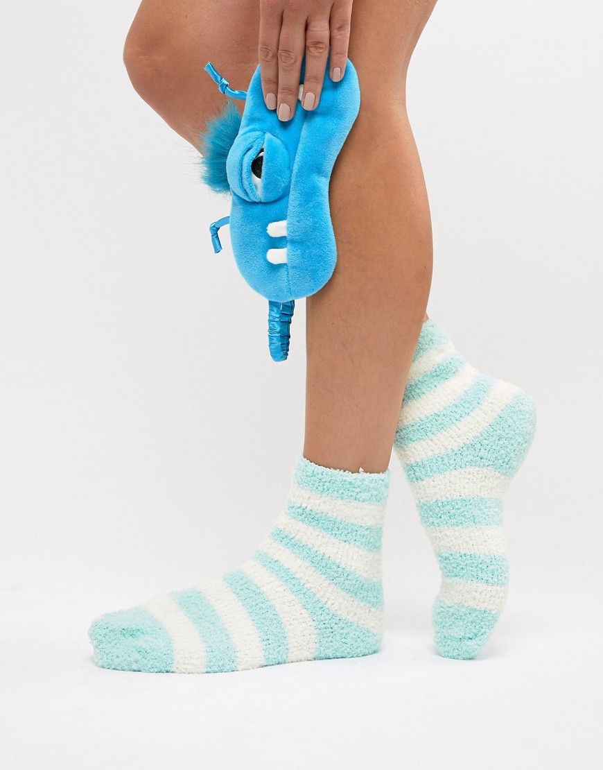 Loungeable Monster Eyemask and Fluffy Stripe Sock Gift Set - Blue