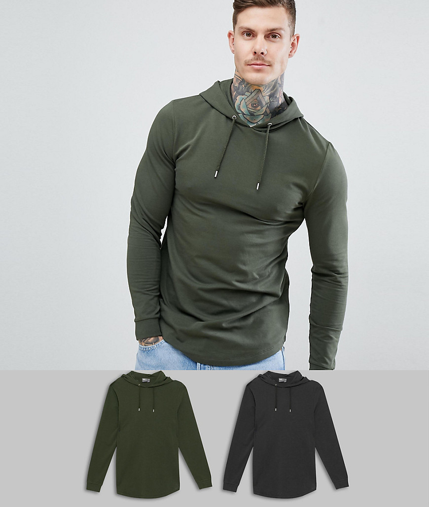 ASOS DESIGN longline muscle hoodie with curved hem in black/khaki 2 pack