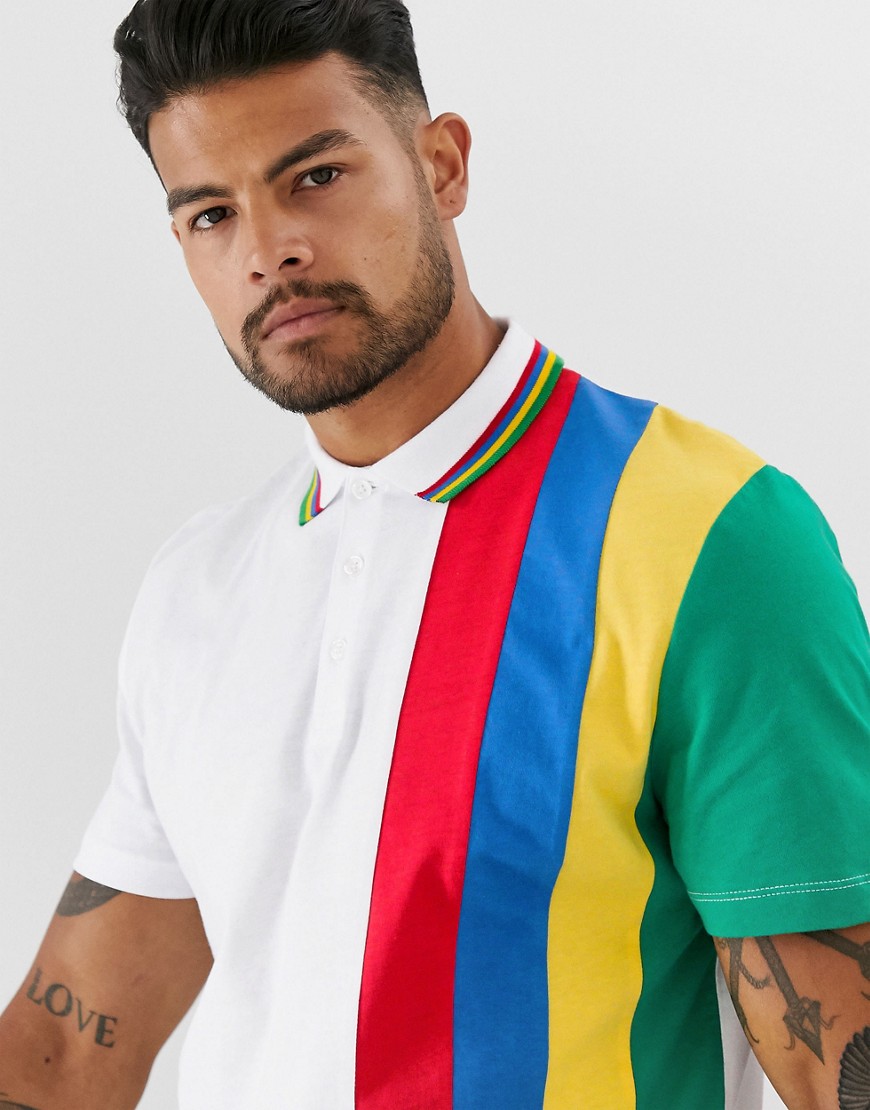 ASOS DESIGN polo shirt with rainbow colour block and tipping
