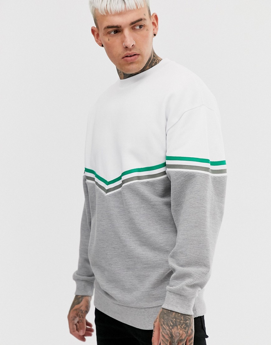ASOS DESIGN sweatshirt with chevron colour block and ribbed fabric in grey marl