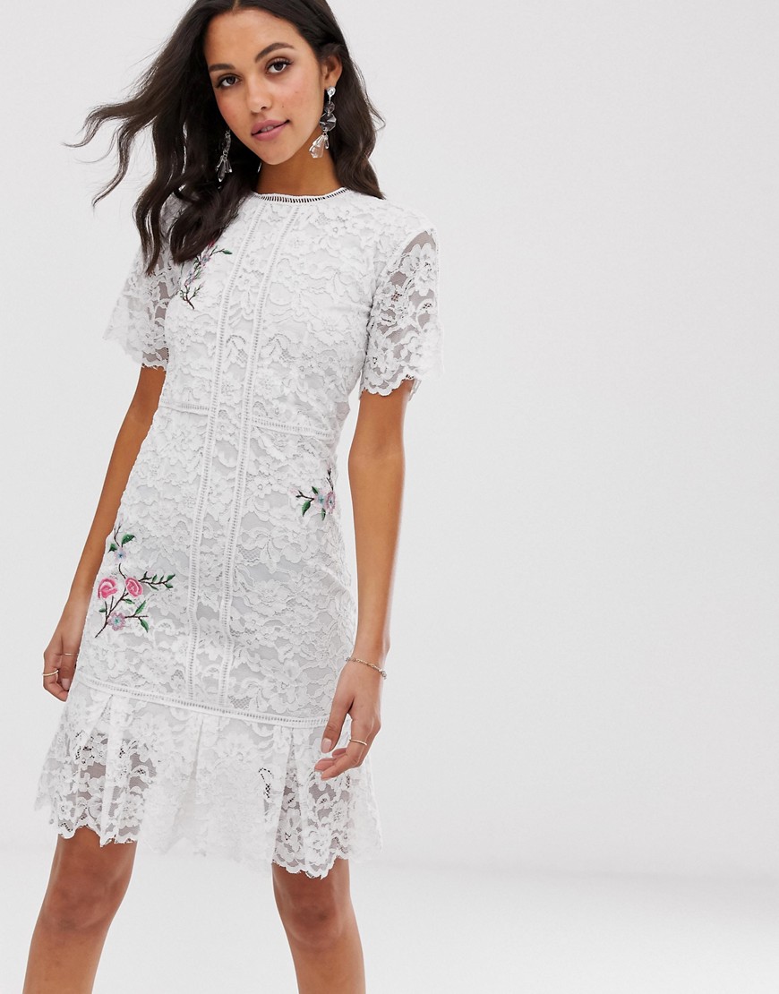 Liquorish lace midi dress with floral embroidery