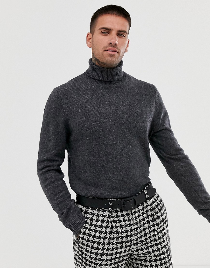 ASOS DESIGN lambswool roll neck jumper in charcoal