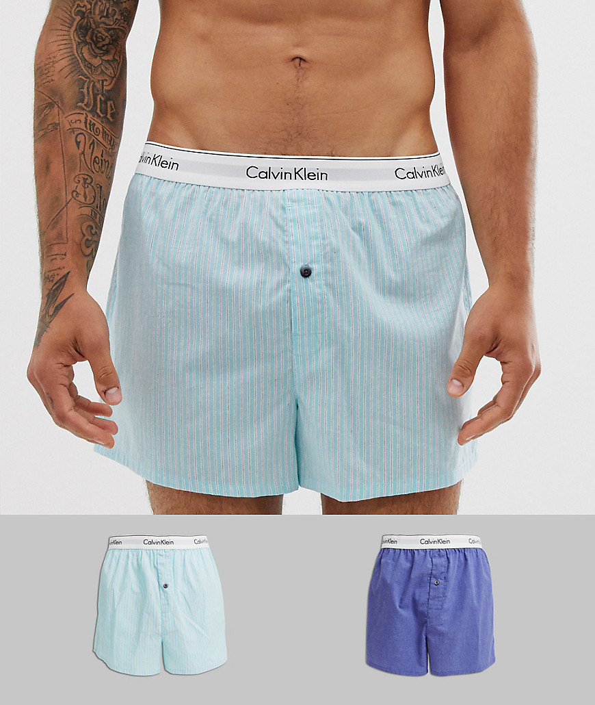 Calvin Klein 2 pack slim fit woven boxers in blue