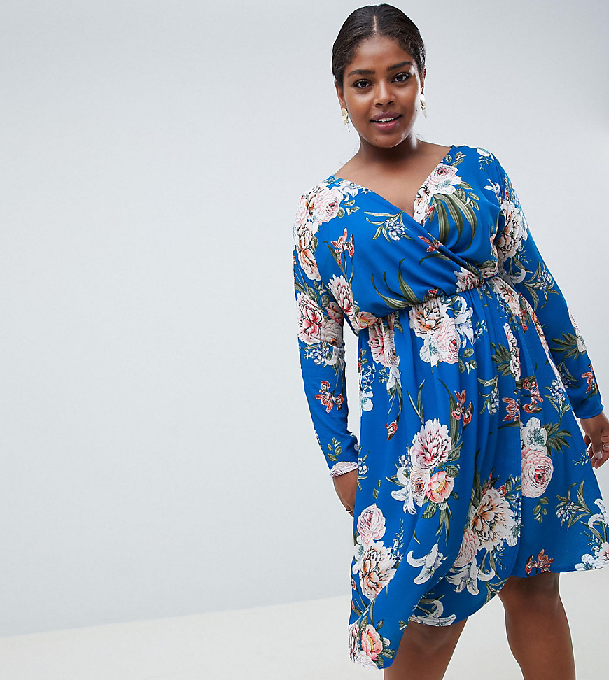 Missguided Plus wrap midi dress in blue floral