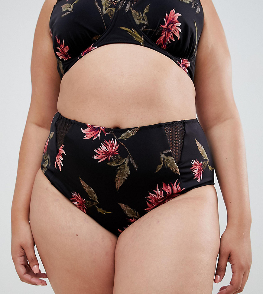 Zizzi high waist bikini bottom with mesh detail in floral print