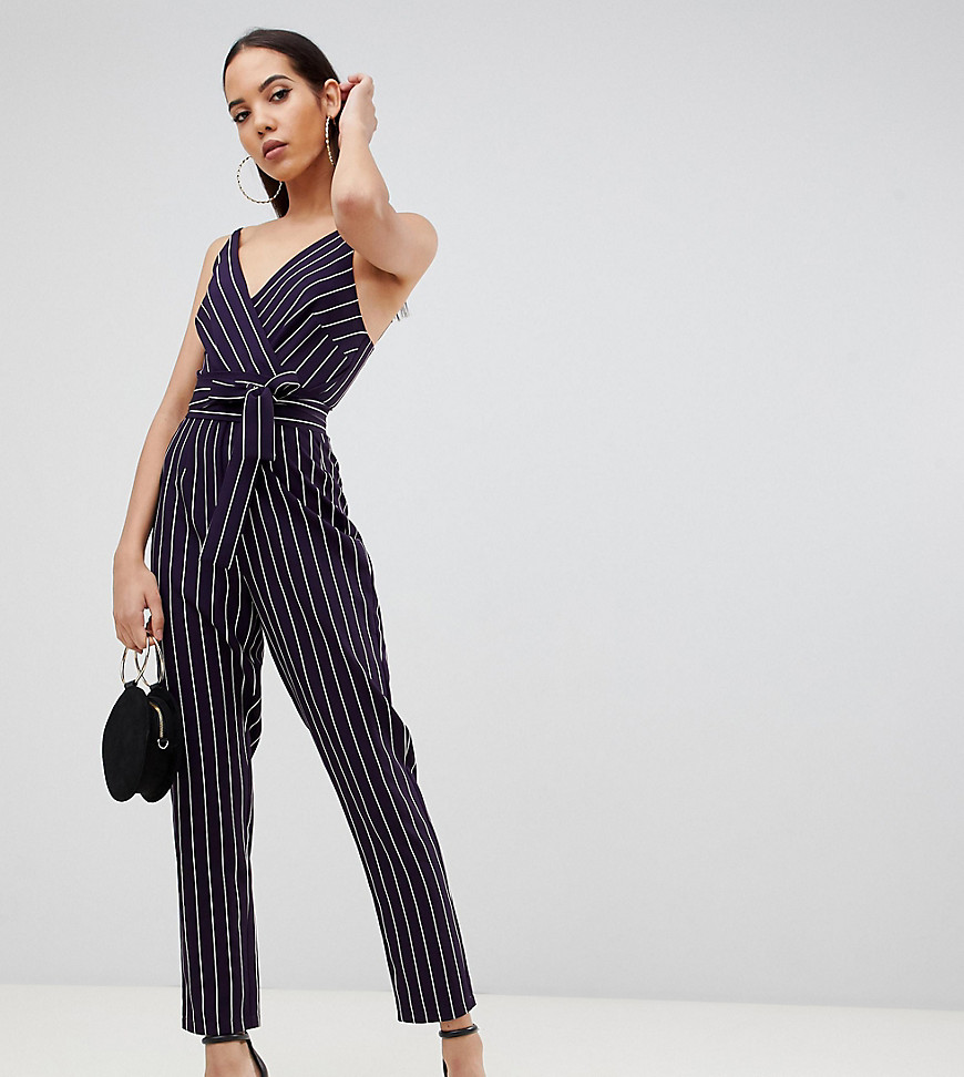ASOS DESIGN Tall wrap jumpsuit with self belt in navy stripe