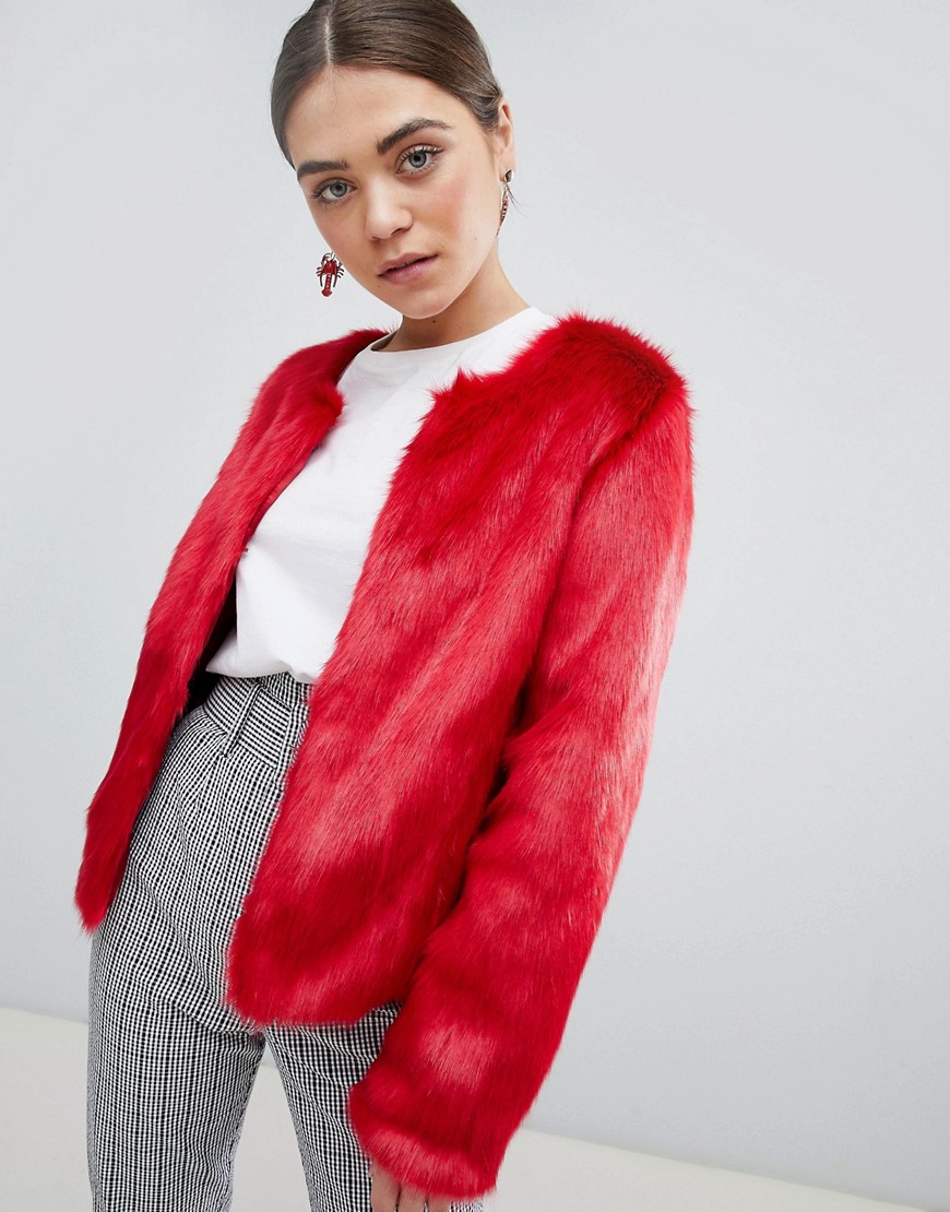 Unreal Fur Dream Faux Fur Collarless Jacket in Red