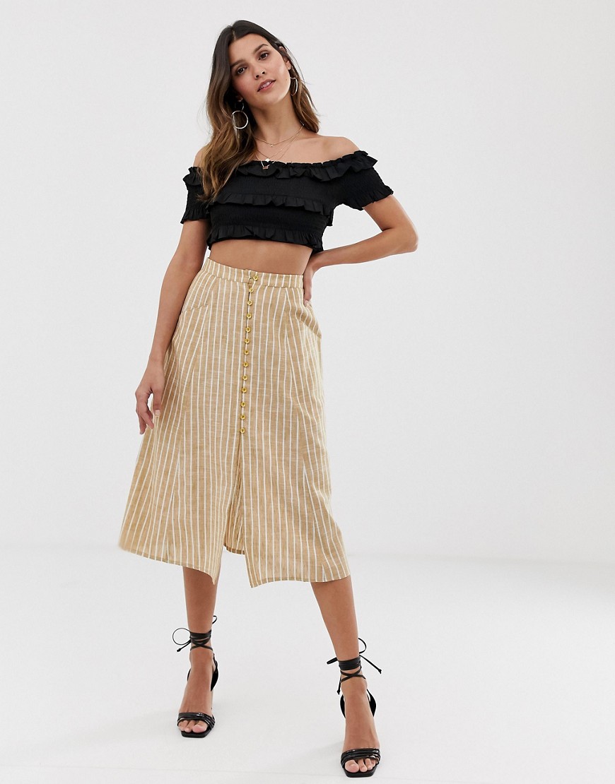 ASOS DESIGN midi skirt with button front in cream stripe
