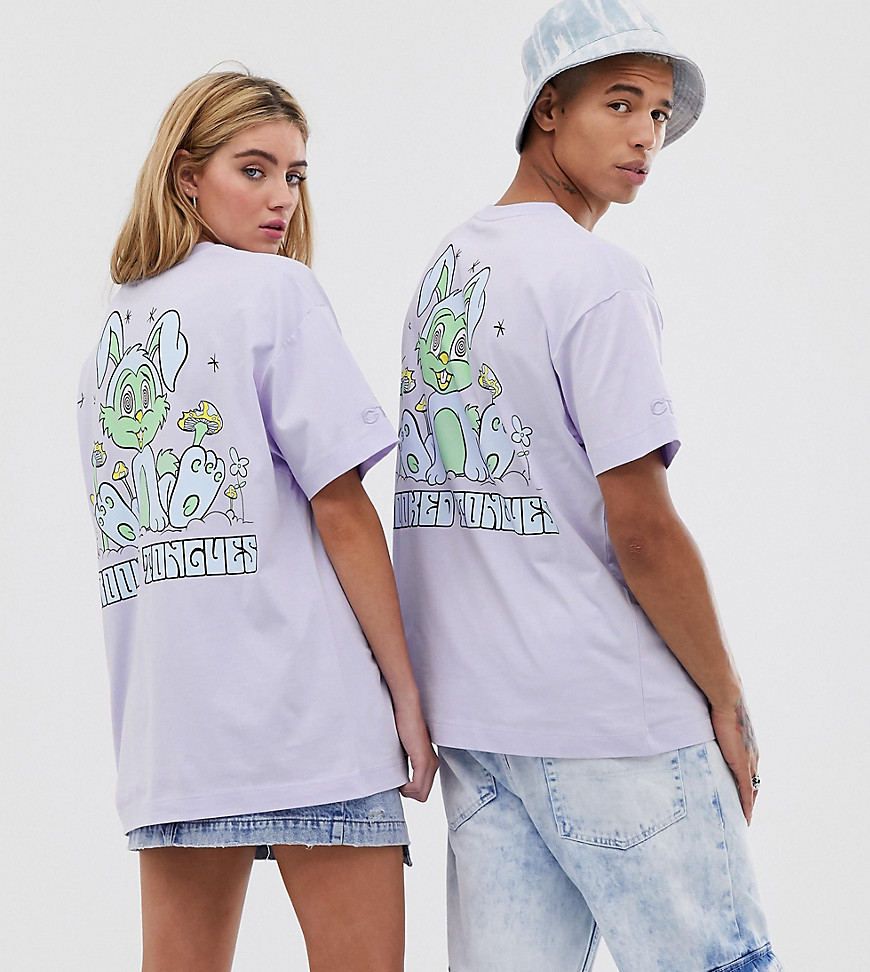 Crooked Tongues unisex oversized t-shirt in lilac with back bunny print