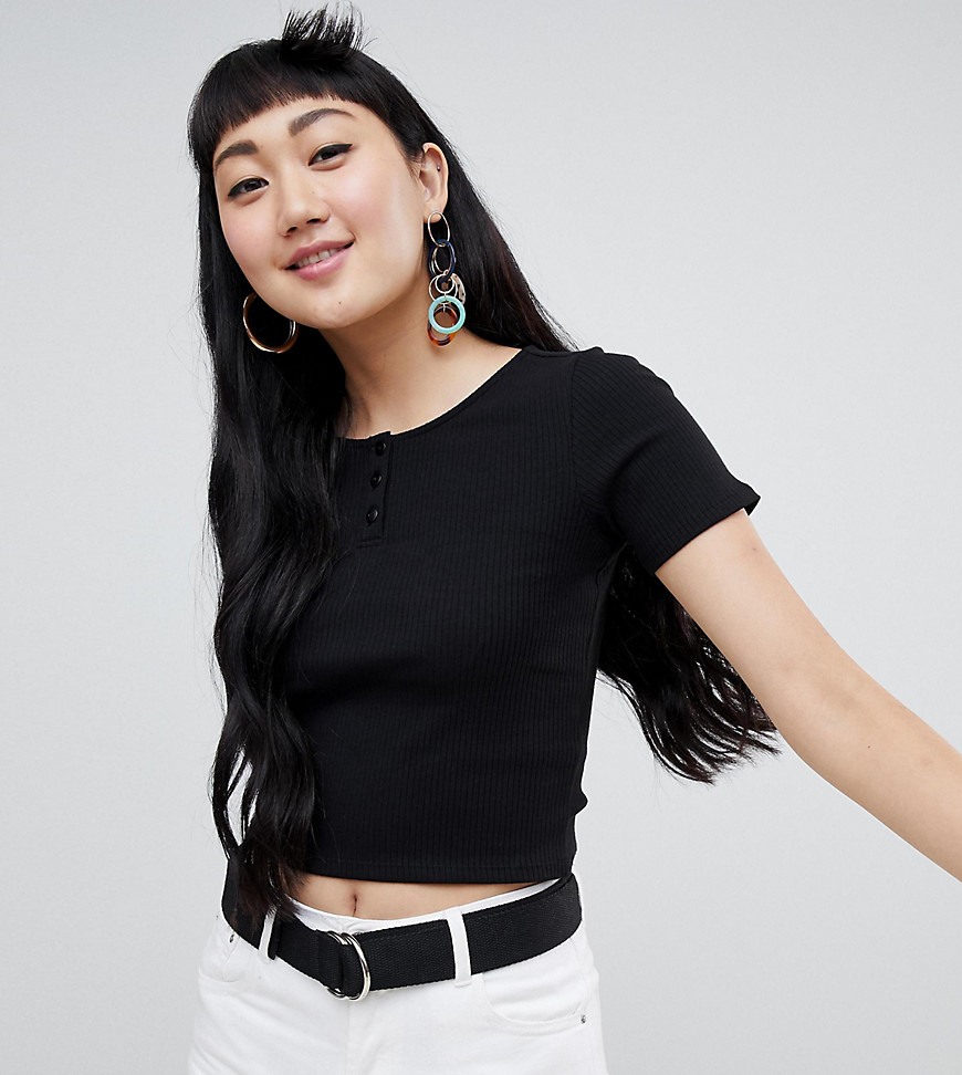 Monki ribbed t-shirt with buttons in black