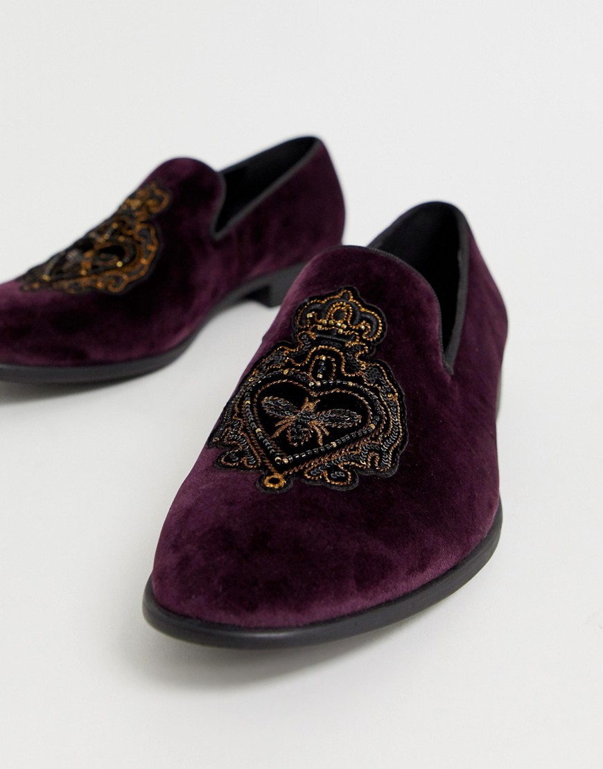 ASOS DESIGN loafers in burgundy velvet with badge