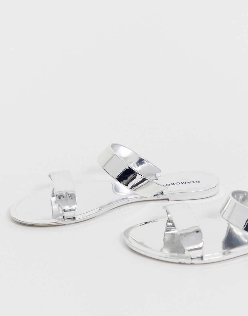 Glamorous silver mirror two strap flat sandal