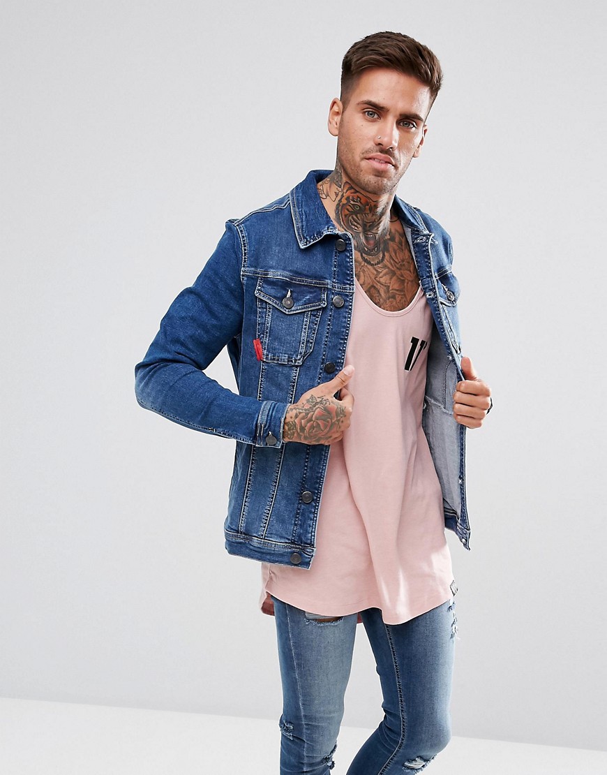 11 Degrees Muscle Denim Jacket In Midwash Blue