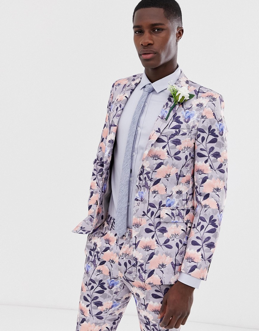 Burton Menswear wedding skinny suit jacket in blue floral print