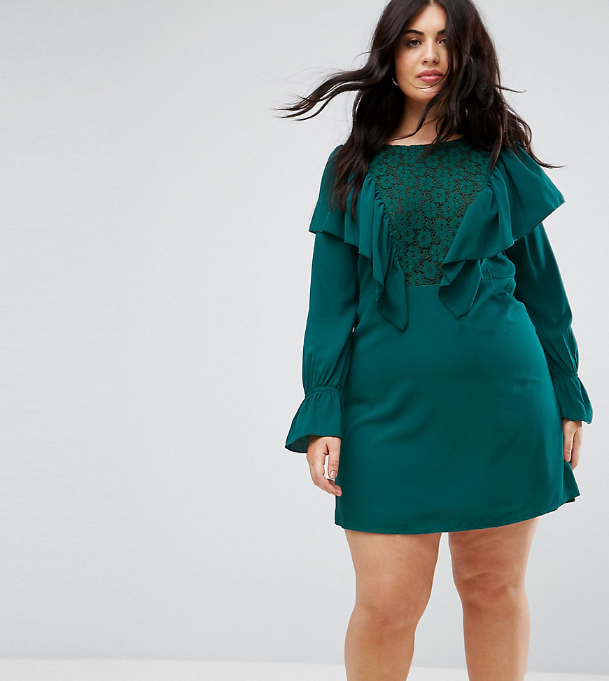 Rage Plus Lace Insert Dress With Ruffle - Green crepe with lac