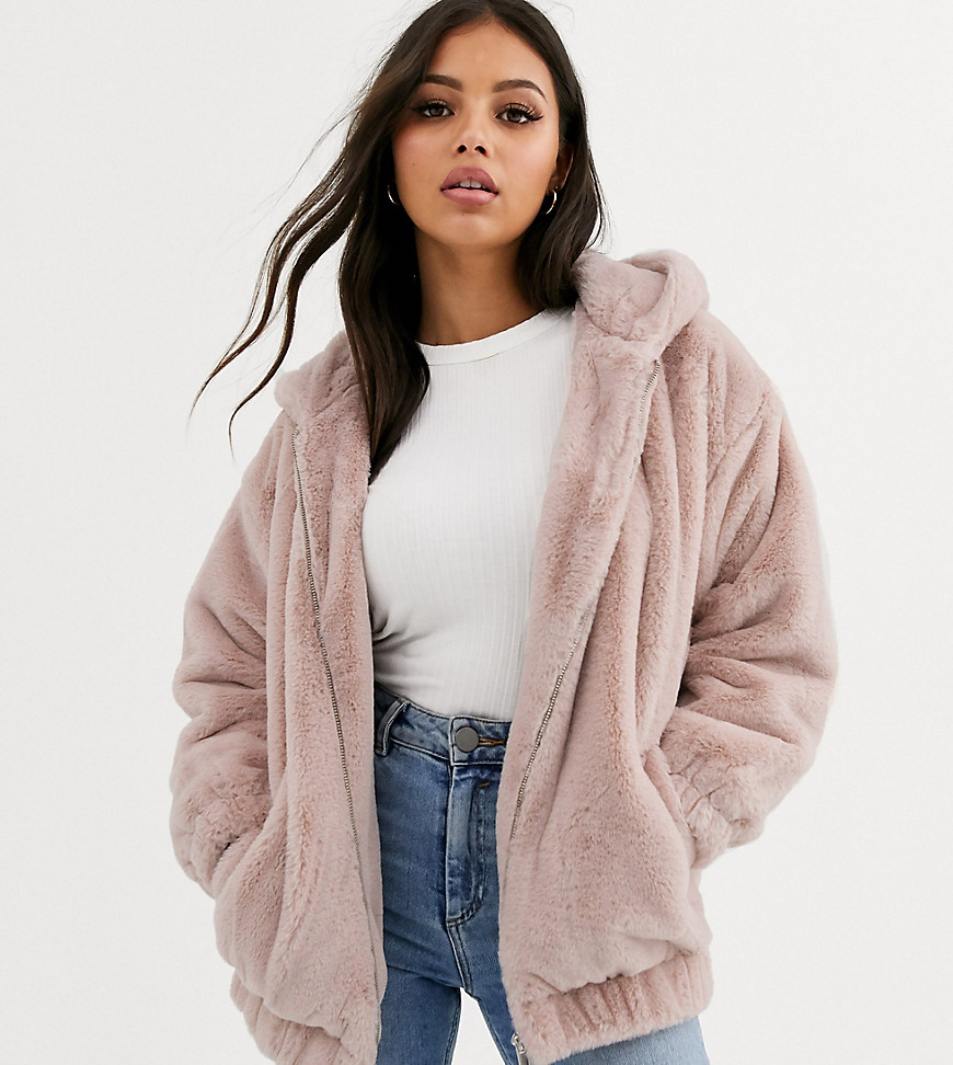 New Look Petite fur hooded bomber in pink