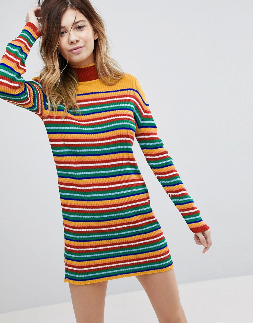 Rokoko Polo Neck Long Sleeve Knitted Mini Dress In 70S Stripe - 70s stripe