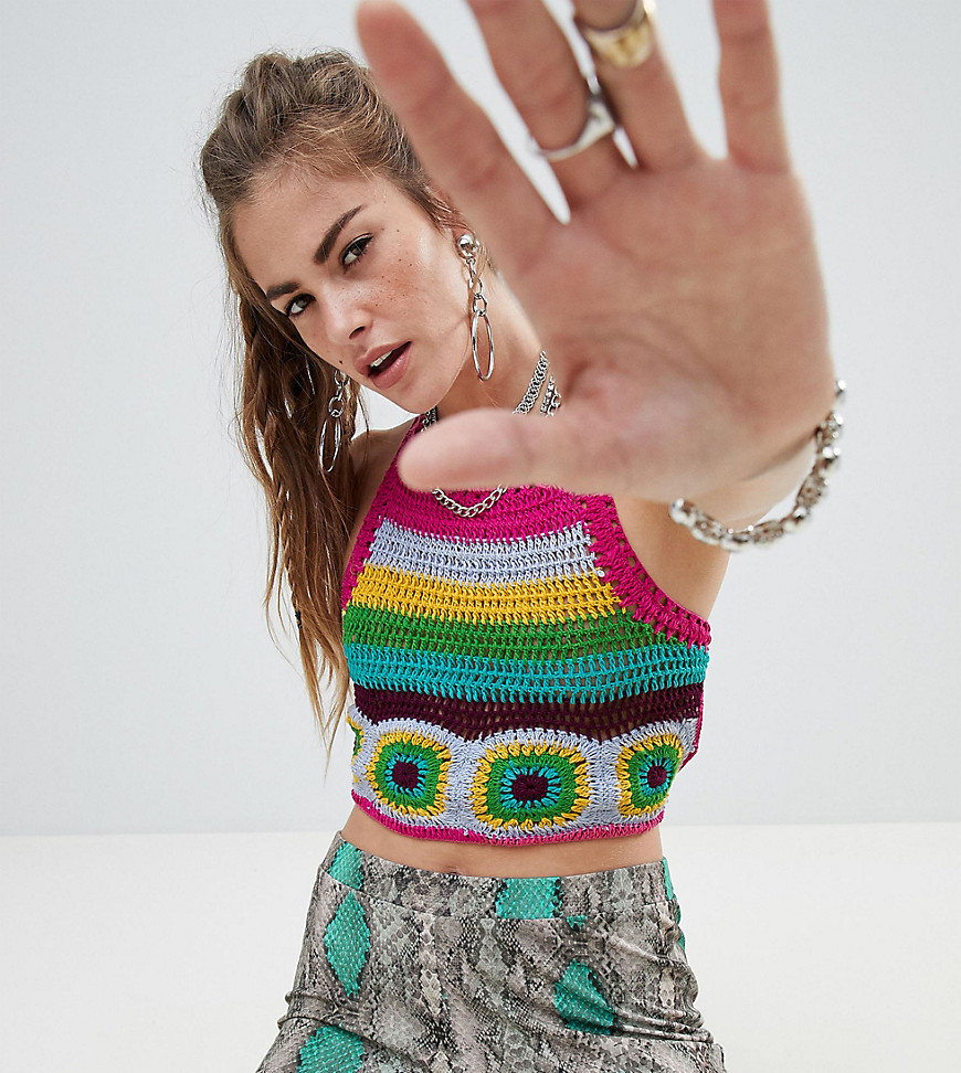 One Above Another crop top in rainbow stripe crochet knit