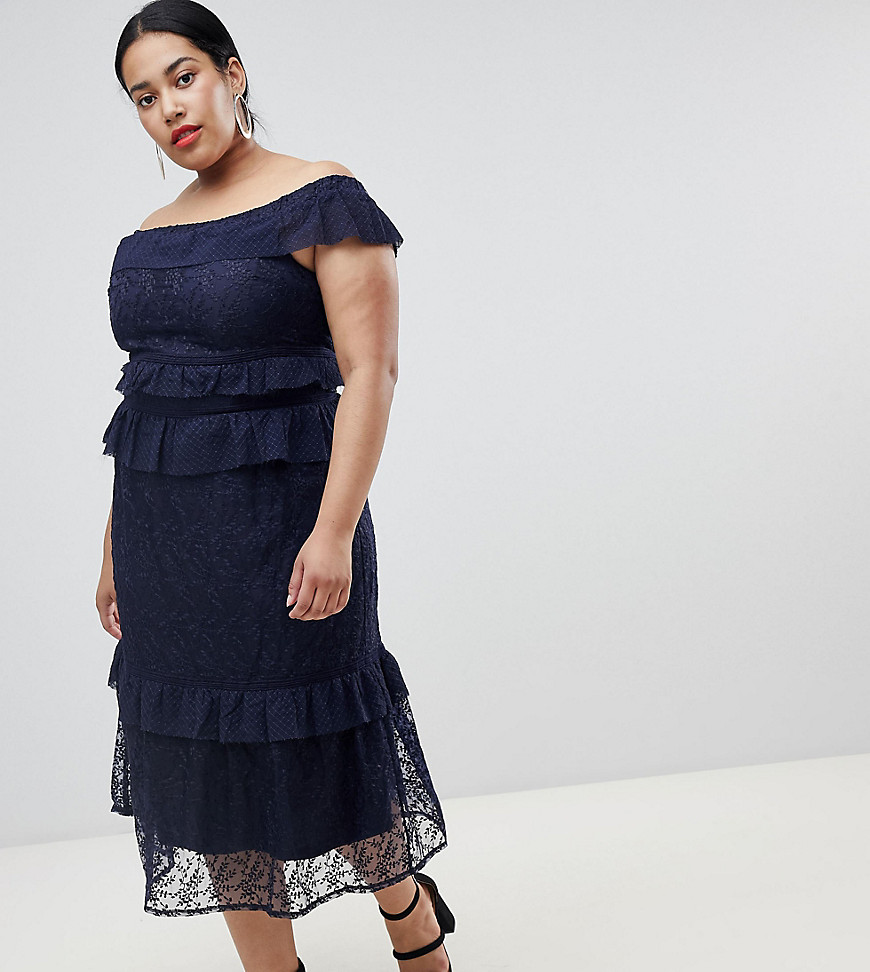 Lost Ink Plus Off Shoulder Maxi Dress With Tiered Ruffle Layers In Lace