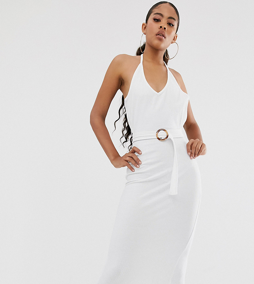 Missguided Tall ribbed midi dress with belted waist in white