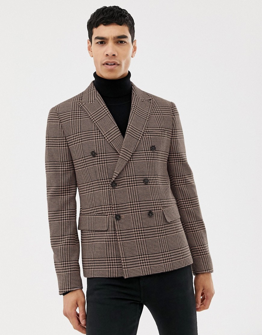 ASOS DESIGN slim double breasted blazer in wool mix with pink check