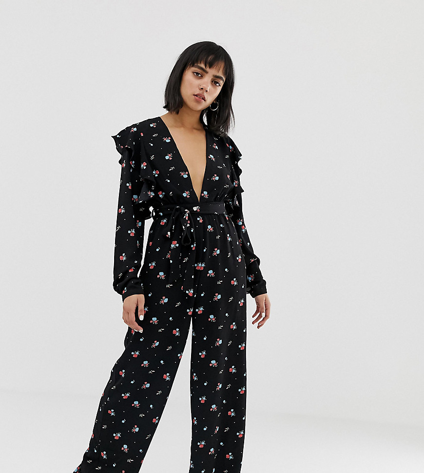 Glamorous Petite jumpsuit with flutter sleeves in vintage floral