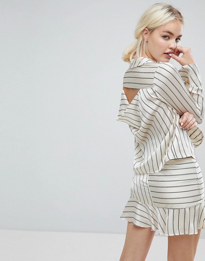 J.O.A Wrap Front Tailored Shirt In Satin Formal Stripe Co-Ord - Cream