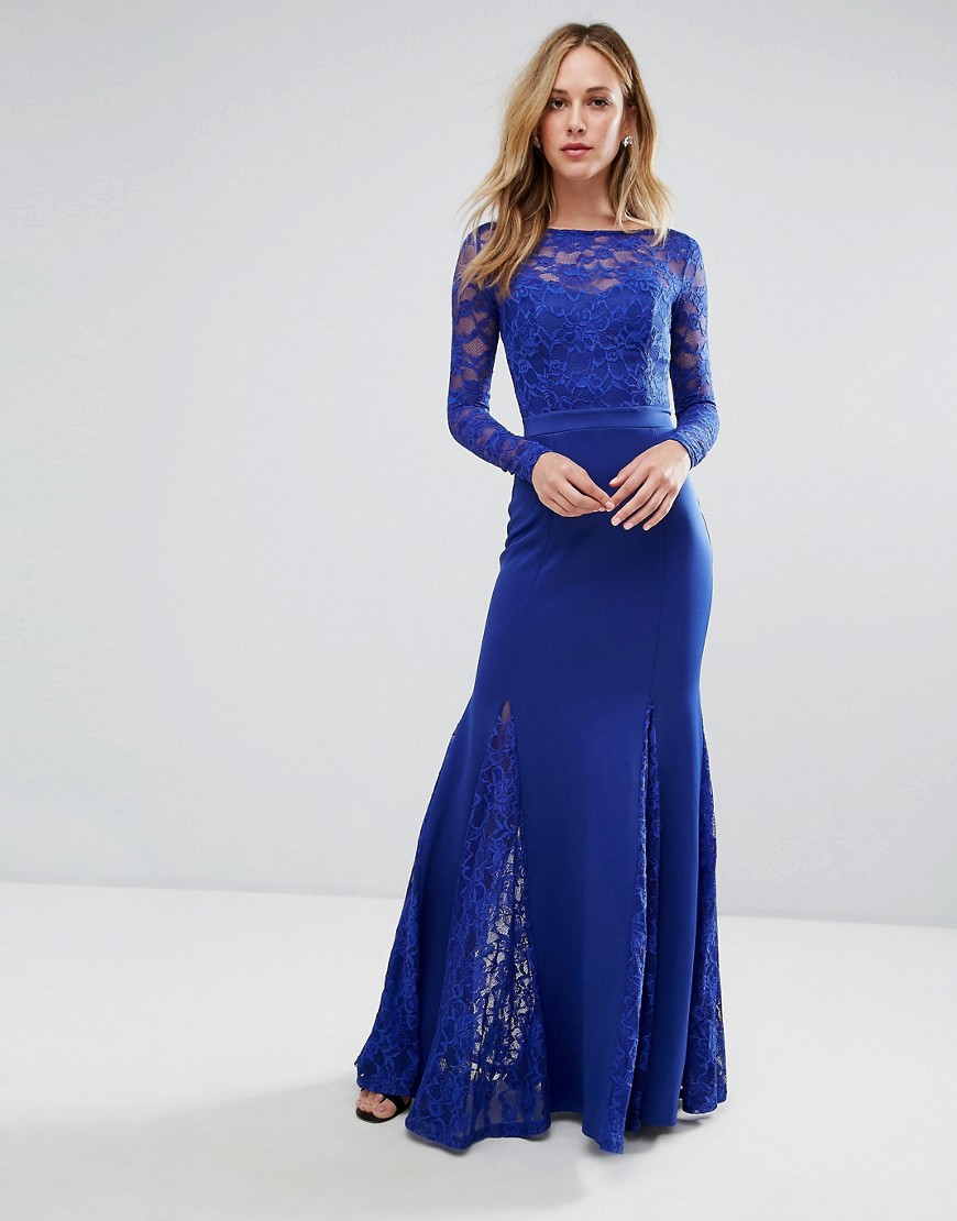 City Goddess Fishtail Maxi Dress With Lace Sleeves - Royal blue