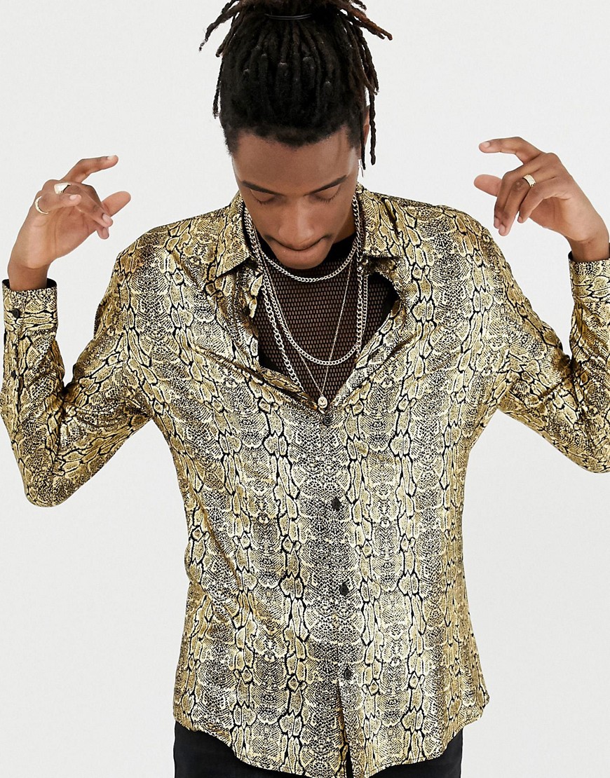 Jaded London long sleeve shirt in gold crocodile print foil shirt