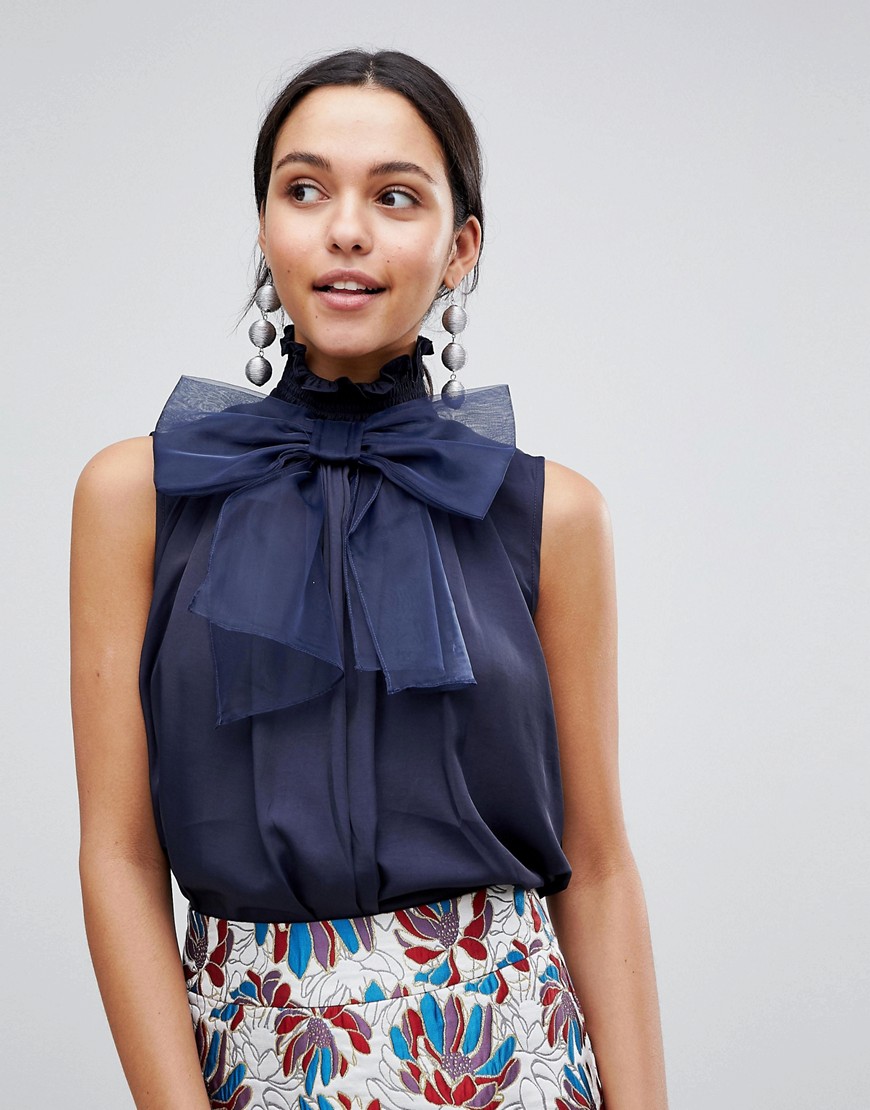 Traffic People High Neck Top With Bow - Navy