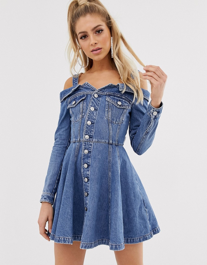 Miss Sixty off the shoulder flare denim dress with button detail