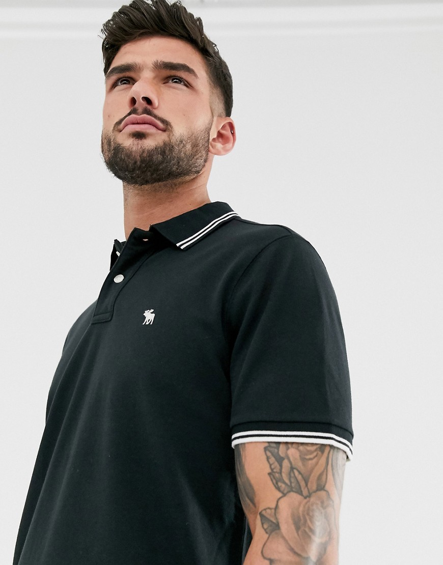 Abercrombie & Fitch icon logo tipped pique polo in black