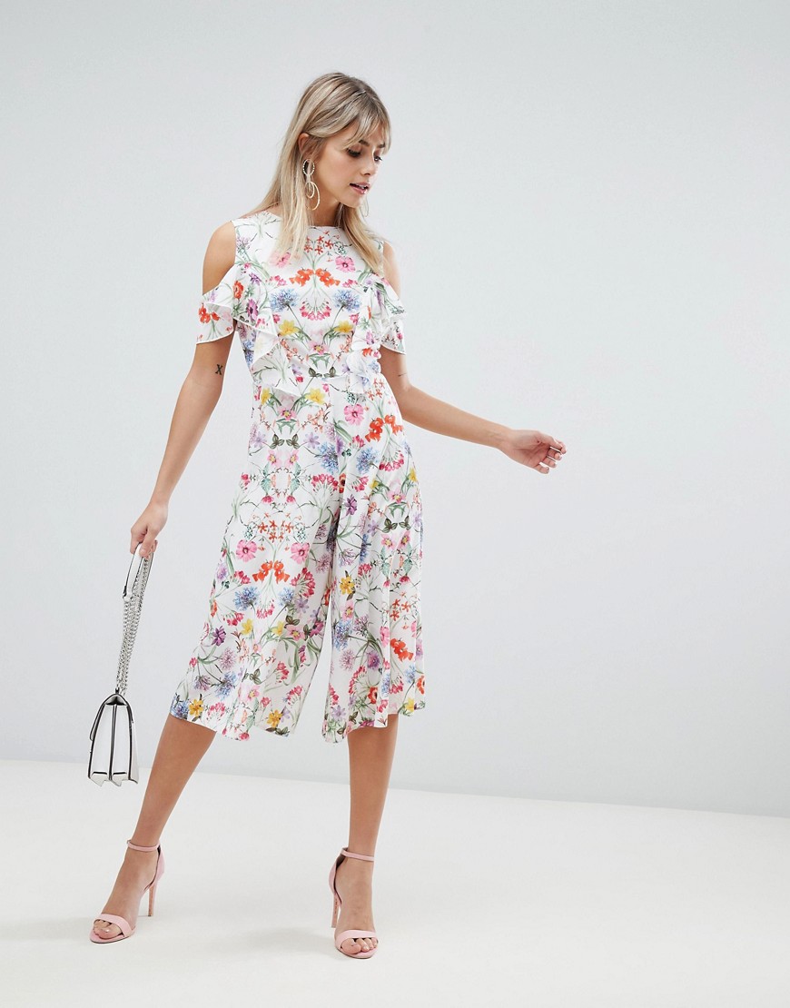 Love garden floral print skater jumpsuit with ruffle detail