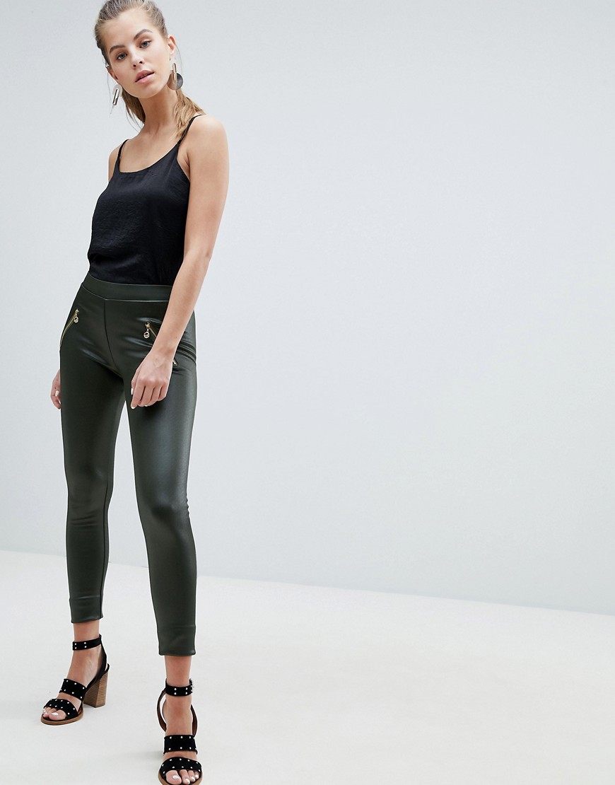 Oeuvre Leather Look Leggings - Army green