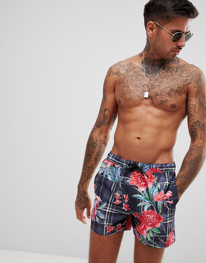 ASOS DESIGN Swim Shorts With Check & Floral Print In Short Length